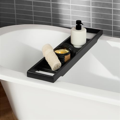 OHS Wooden Bath Tray, Bath Shelf Over Baths Home Spa Board for Adults Bamboo Bathtub Caddy Tray Bathroom Accessory Baths Rack for Candles Wine Glass Accessories, Black