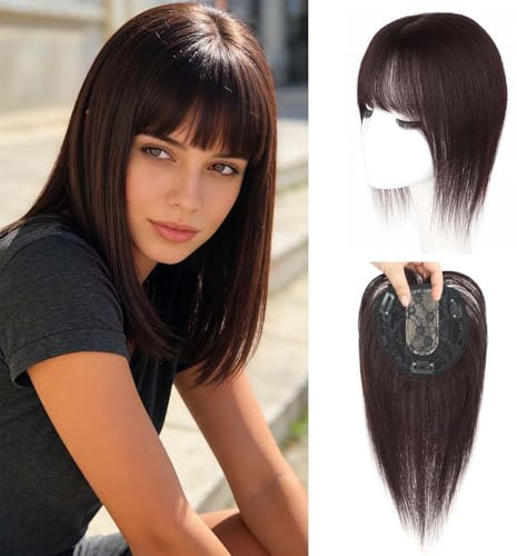 EREE HAIR Echthaar-Topper mit Seidenbasis für Damen mit Pony, realistische Kopfhaut, 20 cm Clip-in-Topper aus Echthaar für dünner werdendes Haar (13 x 13 cm), Dunkelbraun