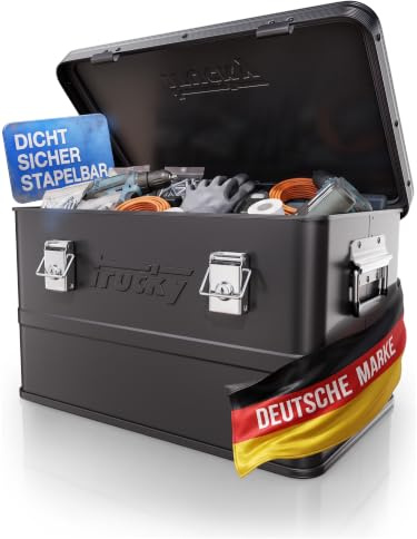 Trucky Aluminium Box mit Deckel 30L Schwarz Alukiste Kiste Abschliessbar | 46 x 32 x 28 cm, Transportbox, Metallbox, Aufbewahrungsbox, Metallkiste