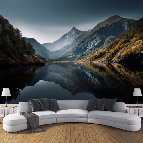 Fototapete Premium-Seide Nordische Berge Und Seen 200 x 140cm - Fototapete Schlafzimmer Wohnzimmer Blaugrau Tapete Xxl Wandtapete Motivtapeten 3D Effekt Wandbilder - Naturlandschaft