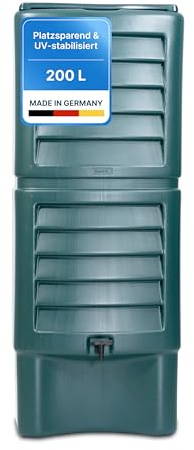 Hessentaler Container® Regentonne grün 200L /Wandregentonne – Platzsparend & UV-stabilisiert – Mit Auslaufhahn, Deckel und Anschlussmöglichkeiten für Regenrinne und Fallrohr – 100% Made in Germany