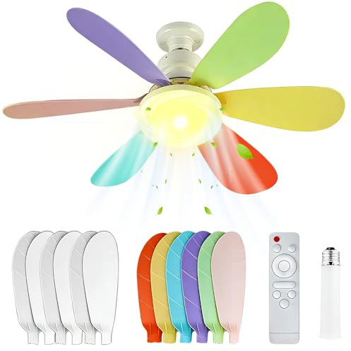 Ceiling Fans with Lights and Remote, SGZIOO 40W Screw in Ceiling Fan Light Dimmable with E27 Base, 6 Rainbow and 6 White Fan Blade, 3 Colors Lights, 3 Speed, Light Fan Ceiling for Bedroom, Living Room