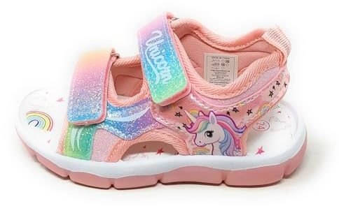 Sandalo Bambina Unicorno,Rosa con Glitter,Doppio Strappo,Luci Integrate nell'intersuola,Comodo e dinamico (Rosa, Sistema Taglie Calzature EU, Bambino Piccolo (2-5 Anni), Numero, Media, 28)
