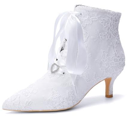 HFWXYSA Stivali da Sposa in Pizzo per Donna con Punta A Punta E Tacco Kitten, Scarpe da Matrimonio con Lacci, Stivaletti da Sposa