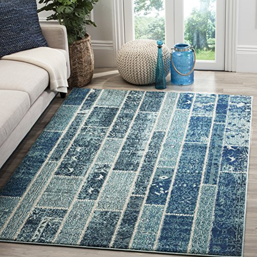 SAFAVIEH Monaco Collection Accent Rug - 4' x 5'7, Blue & Multi, Modern Patchwork Distressed Design, Non-Shedding & Easy Care, Ideal for High Traffic Areas in Entryway, Living Room, Bedroom (MNC216J)