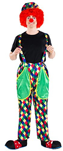 dressforfun Men’s Clown Costume | Colourful, shiny dungarees | incl. Colourful cap and Clown nose (S | no. 300828)