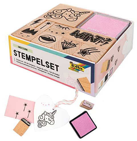 folia 31102 - Holzstempelset Unicorn, inklusive 10 Holzstempel und 2 Stempelkissen - ideal zum Verzieren von Karten, Freundschaftsbüchern, für Lettering und Scrapbooking