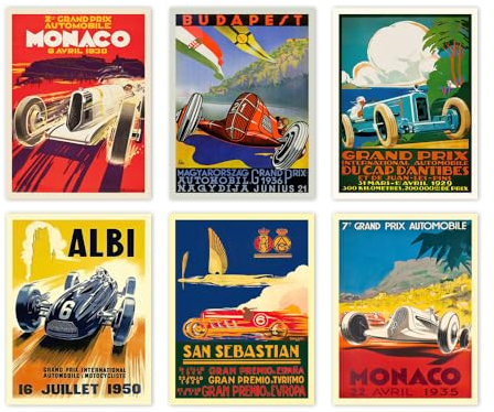 WallBUddy Set of 6 Car Racing Grand Prix Posters F1 Poster Formula 1 poster Car racing Print Motor Racing Poster 1930, 1936, 1937, 1952, 1966, 1970 (29.7cm x 41.9cm (A3))
