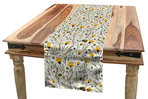 ABAKUHAUS Gekritzel Tischläufer, Gelbe Frühlingsblumen, Esszimmer Küche Rechteckiger Dekorativer Tischläufer, 40 x 180 cm, Schwarz