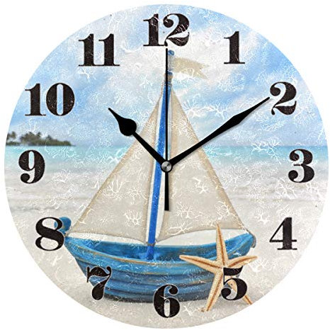 Mnsruu Orologio da parete rotondo, silenzioso, con stella marina sul mare, per casa, camera da letto, ufficio, facile da leggere
