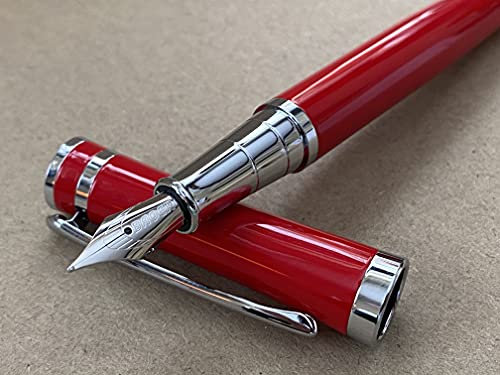 Rhapsody Luxury Stainless Steel RED Fountain Pen 0.5mm Nib + 5 BLACK Cartridges...(3035 Pen BLACK, Pen + 5pk Cartridges (Black Ink))