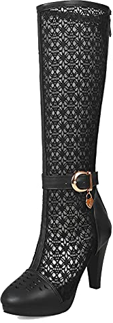 Onewus Stivali estivi da donna al ginocchio con pizzo rotondo e tacco a blocco, Nero , 35 EU
