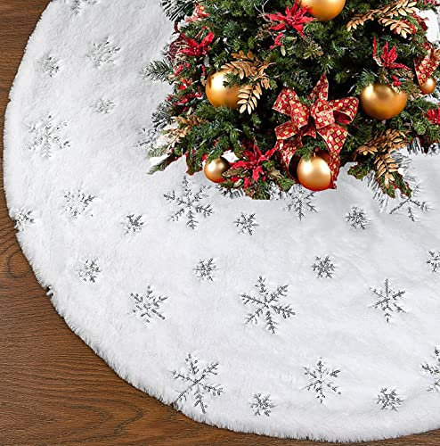 Weihnachtsbaumdecke Rund,90 cm Weiß Plüsch Weihnachtsbaum Rock,Kunstfell Schneeflocke Weihnachtsbaum Röcke,Christmastree Skirt Baumdecke Schürze Ornamentes für Weihnachtsbaumständer Tannenbaumständer