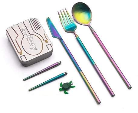 Outlery Full Set | Portable & Reusable Stainless Steel Travel Cutlery Set and Reusable Chopsticks with Case for Camping, Picnic, Office and On-The-Go (Pocket Sized Flatware Set) (Rainbow)
