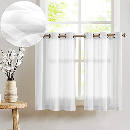 TOPICK Voile Scheibengardinen H 90 x B 90 (cm) 2er Set mit Ösen Transparent Bistrogardine Landhaus Streifen Küchenvorhang Gestreift Küchengardinen Paarig für Badezimmer Klein Fenster Dekor Weiß