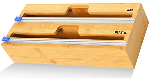 YDFYX Foil and Plastic Wrap Organizer, 2 in 1 Wrap Dispenser with Cutter, Bamboo Roll Organization Storage Holder, Aluminum Foil, Wax Paper, Parchment Paper,Tin Foil Dispenser for Drawer (2in1)