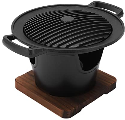 Mini Gril à Charbon de Bois, Petit Gril Hibachi Portable de 17,8 Cm avec Base en Bois, Japonais Coréen Yakiniku Grill de Table pour Barbecue, Camping, Voyage, Terrasse, Arrière-Cour