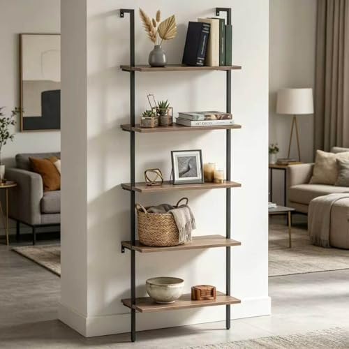 Wolawu 5 Etagen Leiterregal Braun Modern Bücherregal Offen Hoch Wandhalterung Bücherregal Stehend Anlehnende Wandregale Industrie Deko Wohnzimmer Schlafzimmer