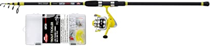 Berkley Catch More Fish Trout Tele Combo, Angelrute und Rolle Combo, vielseitige Spinnrolle vorgespult mit Mono, Tackle Box mit Ködern & Zubehör, Raubfischangeln, Forelle, schwarz, 2,1m | 5-20g