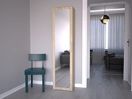 Oggi Reus Eintüriger Kleiderschrank mit Spiegel 50x180x35cm Minimalistisch Modern aus 16mm Schichtstoffplatte Modisches Design Wohnzimmer Schlafzimmer Flur Sonoma Eiche