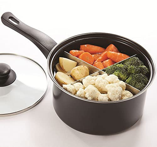 Coopers of Stortford - 4-Way Saucepan, Made from Versatile Enamelled Carbon Steel - Kitchen Pan with 2 Litre Capacity, Removable Divider & Vented Glass Lid - Non-Stick Pan with Cool-Touch Handles