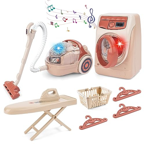 deAO Kids Toy Washing Machine & Vacuum Playset, Mini Washing Machine Laundry Set for Kids,Dollhouse Furniture Laundry Room Washer and Iron Set