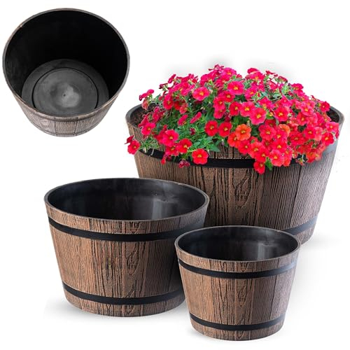 KADAX Grandi Vasi a Forma di Barile per Piante da Esterno, Vasi Decorativi in Plastica dall'Aspetto Naturale di Legno (Marrone, Set di 3: 23, 30 e 40 cm)