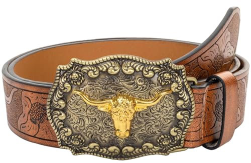 HilyBony Western-PU-Leder-Gürtel für Männer und Frauen, Cowboy-Cowgirl-Longhorn-Bull-Muster, gravierte Schnalle, Gürtel für Unisex, braun, 110cm suitable waisted 30-39