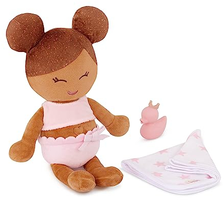 LullaBaby – Plüsch-Baby-Badepuppe – 36 cm-Badepuppe, waschbar – Weicher Körper für echtes Wasserspiel – Olivgrüner Hautton & hellbraunes Haar – Kinder 2 Jahre +