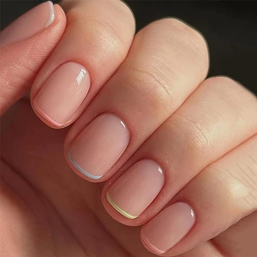 24 Pcs False Nails Short - Square Press on Nails French Pattern - Fake Nails Short with Nail Glue - Full Cover Acrylic Stick on Nails for Women and Girls (Nude with Colorful Line Design)