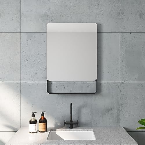 Badezimmer Spiegel Wandspiegel Badspiegel Hängespiegel 50 x 70 cm Wohnzimmerspiegel Aluminiumrahmen Schwarz Badezimmerspiegel Flurspiegel für Schlafzimmer mit Ablage im Industrie Design Black style