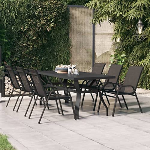 Homgoday Mesa de jardín negra 180 x 80 x 70 cm de acero y cristal, mesa de exterior, mesa de jardín, mesa de terraza, mesa de comedor, mesa de cocina, mesa de jardín, mesas exteriores