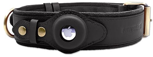 PawTrace Airtag Hundehalsband Leder. Stabiles Halsband aus Echtleder kompatibel mit Apple AirTag. Komfortablere Schutz für kleine & große Hunde. GPS Hundeband in Schwarz. Verstellbar (XS)