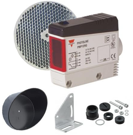 Fotocélula infrarroja reflectante de espejo Carlo Gavazzi PMP12RG original para puertas automaticas y puertas de garaje con visera de proteccion para el espejo