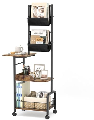 Beistelltisch Multifunktionaler Nachttisch Stofftaschen Wohnzimmertisch mit Kaffee/Tee/Snack-Tablett und Rädern, Hoher Schreibtisch C-förmiger Beistelltisch für Wohnzimmer, Schlafzimmer-Schwarz