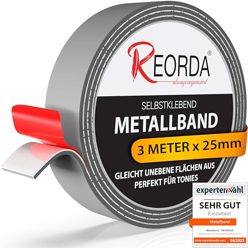 Reorda® Metallband selbstklebend Grau - Ideal für Tonies®-Figuren & -Regale (EXTRA STARK) - Magnetband für Magnete I Ferroband I Magnetband selbstklebend I Eisenband (3m)
