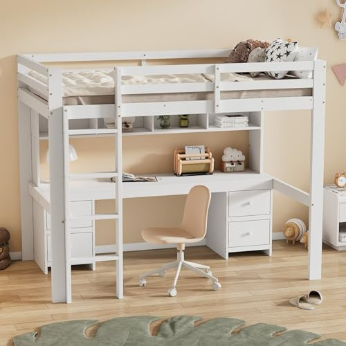 Skcess 90X200Cm Hochbett, Kinderbetten, Bett Oben, Tisch Unten, Großer Stauraum, Hohes Geländer, Stabile Treppe, Weiß