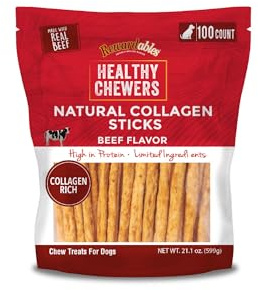 Rewardables | Healthy Chewers | Natural Collagen and Beef Sticks for Dogs | 100 Count | High Protein and Limited Ingredient Dog Chews