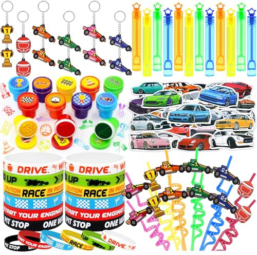 BOIKOKY Race Car 110-Tlg. Rennauto Partygeschenke Geburtstagszubehör Mit Trinkhalmen, Silikonarmbändern, Seifenblasenstäben, Schlüsselanhängern Und Rennauto Piñata Für Jungen