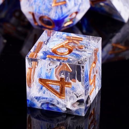ORUZA DND Würfel Set 7 Stücke Harz Polyedrische D&D Würfel Scharfe Kanten Würfel Set Spielwürfel für Dungeons und Dragons Pathfinder DND RPG MTG Tischkartenspiele, Blau & Weiß
