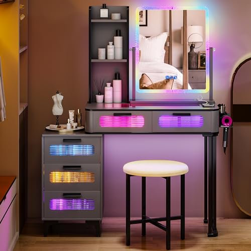Gurexl Schminktisch mit Spiegel, RGB LED Schminktisch mit Hocker Beleuchtung Schubladen Glasplatte 5 Schubladen, Haartrocknerständer USB Type-C Grau