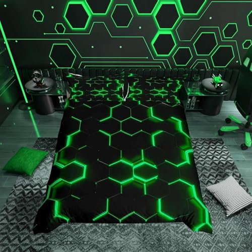 Loussiesd Honeycomb Bettwäsche Set 135x200cm Geometrie Hexagon Thema Bettbezug Set mit mit 1 Kissenbezug 80x80cm Schwarz Grünen Neon Lichtern Bettwäsche Jungen Jugendliche Modern Geometrische Muster