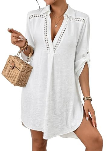 Bsubseach Women's Swimsuit Coverup V Neck Bathing Suit Cove Up for Swimwear Long Sleeve Beach Dress Shirt White M
