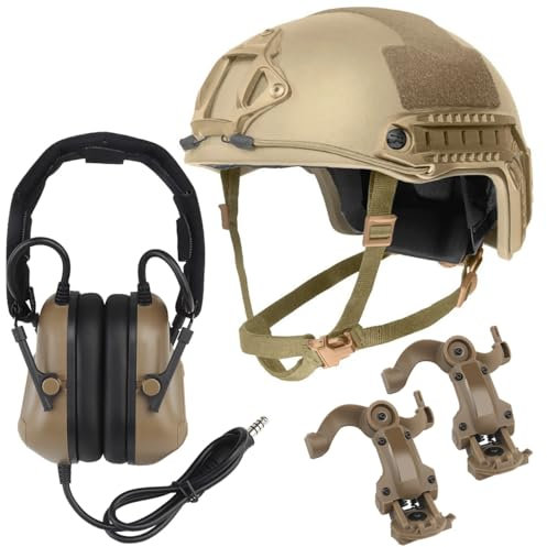 WQZXM Outdoor Tactical Fast Ballistic Helmet Sets With Airsoft Headset Game Sets Ballistic Side Rail NVG Helmet Airsoft Game Protective Gear For Air Gun Paintball Shooting CS(TAN)