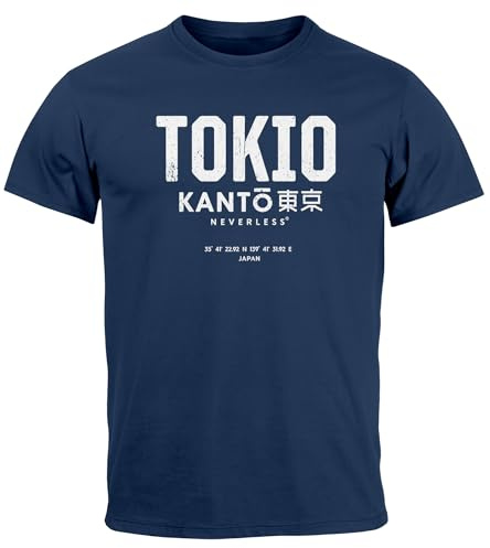 Neverless® Herren T-Shirt Frontprint Tokyo Japan Japanische Schriftzeichen Grafik Printshirt Fashion Streetstyle Navy 3XL