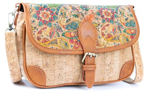 DeCarbonize Damen Crossbody Handtasche aus Kork Satteltasche Vegan Leder Nachhaltig (Paisley)