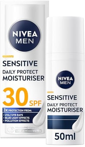 NIVEA MEN Sensitive Daily Protect Moisturizer LSF 30 (50ml), feuchtigkeitsspendende Herren-Gesichtscreme, geeignet für empfindliche Haut, leichte Gesichtspflege mit UV-Schutz, nicht fettende Formel