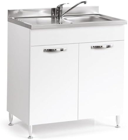Linea Azzurra Sottolavello 80 Solo Mobile Cucina con 2 Ante in Legno Made in Italy H85xL80xP50cm Facile da Montare (Vasca a Destra, Bianco Frassinato)