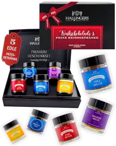 Hallingers Genuss Manufaktur Trinkschokolade Geschenk-Set - 5 nachhaltige Minigläser in edler Geschenkbox Trinkschokolade... Mitbringsel Trinkschokis & Gewürze, Geschenkidee für Frauen Männer