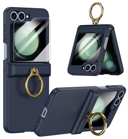 Handyhülle für Samsung Galaxy Z Flip 5 Hülle mit Ring + Displayschutz, Ultradünne hautfreundliche Flip 5 Hülle mit Ständer Stoßfeste Scharnierschutz Case für Z Flip 5 (Blau)